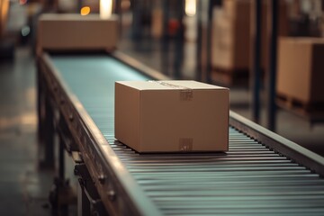 A Brown Box Moving on a Conveyor Belt in a Warehouse