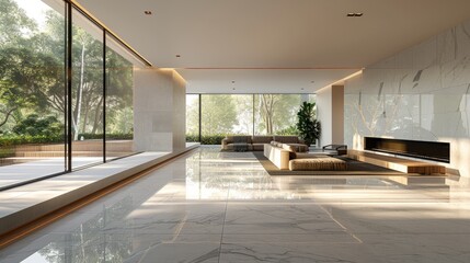 Fototapeta premium Spacious modern living room with large windows and natural lighting