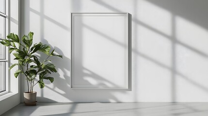 Minimalist poster mockup in a white frame, standing on a light grey floor against a white wall