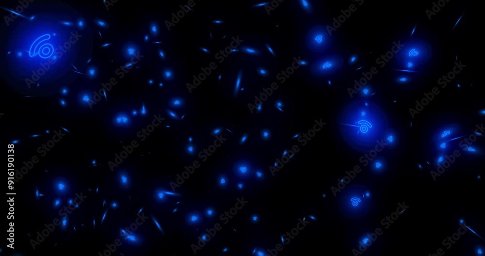 Fototapete Internet, connection and particles with icons for networking, connectivity and technology abstract of futuristic design. Animation, digital and communication, blue sign and cloud computing for system