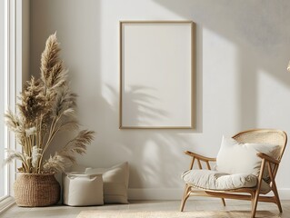 White frame with a minimalist poster mockup, displayed on a neutral-colored wall in a simple room