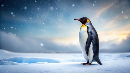 Fototapeta premium A penguin standing in the snow , penguin, snow, cold, winter, Antarctic, wildlife, cute, fluffy, icy, white, chilly, arctic