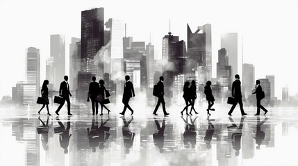 Obraz premium 都会の高層ビル群を歩いているビジネスパーソンたちのシルエット15