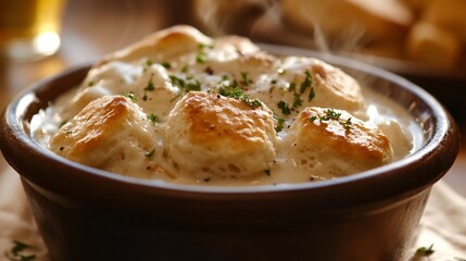 Close-Up of Creamy Biscuits in a Brown Bowl
