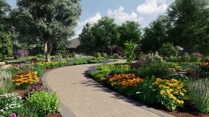 Obraz premium Curving Driveway Leads to a Flower-Filled Garden