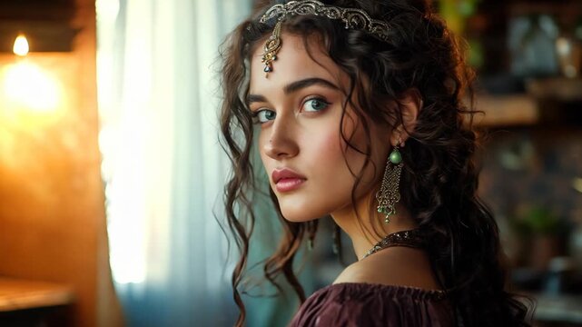 pretty woman wearing headdress and boho attire sitting in vintage old style room, Persian Princess