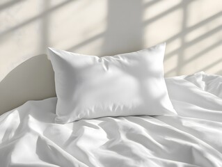 Minimalist white pillow mockup on a plain white duvet, subtle lighting and shadows