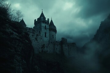 Naklejka premium a castle on a hill with a dark sky in the background