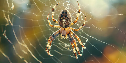 Spider in Web with Sunlit Background - Macro Photography