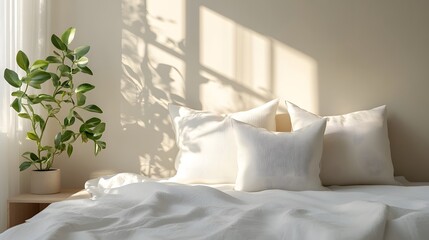 White pillow mockup on a simple bed with a neutral wall, soft and natural light