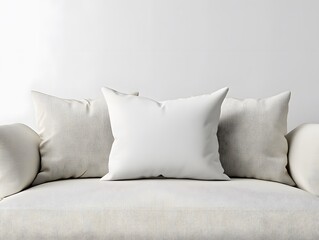 White pillow mockup displayed on a light grey sofa with a minimalist backdrop