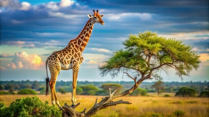 Obraz premium rendered of a giraffe standing on a tree branch, giraffe, tree, render,wildlife, nature, animal, tall, foliage, jungle, exotic