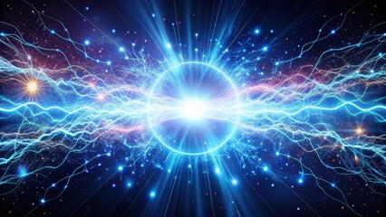 Scientific background with an electric field, glowing power traces of tiny particles, electric field, glowing