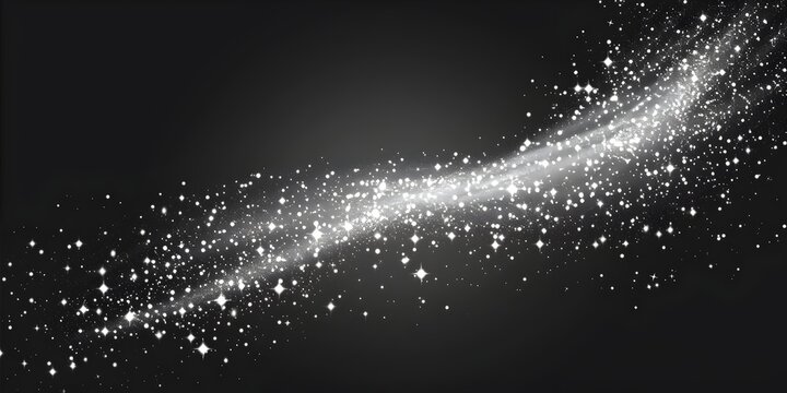 A vector illustration of glowing white stardust, glittering on a transparent background. A long trail of sparkling stars with a soft glow effect. The light particles create an elegant and magical atmo