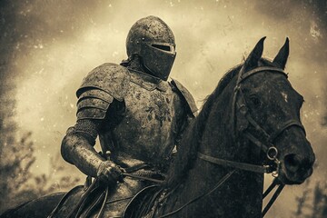 Fototapeta premium a black and white photo of a knight on a horse
