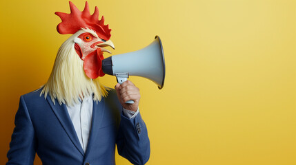 A person in a suit with a rooster head using a megaphone against a bright yellow background.