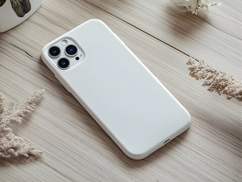 Minimalist white phone case mockup on a light wooden surface with a clean and modern look