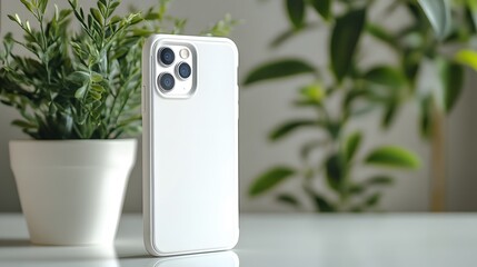 White phone case mockup placed on a clean white table with a single plant in the background