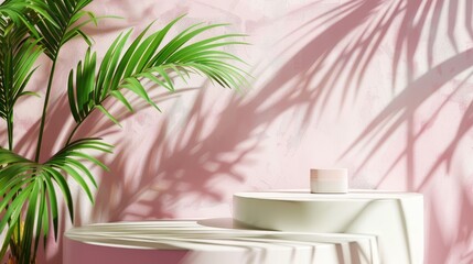 Sleek backdrop for showcasing cosmetics on premium empty podium with tropical palm leaf shadow.