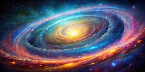 Abstract spiral galaxy with vibrant colors and swirling patterns, space, astronomy, stars, universe, cosmic, galaxy, abstract