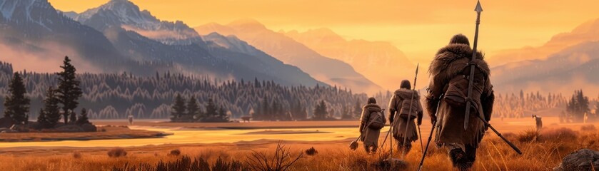 Obraz premium A serene landscape featuring travelers in a picturesque sunset, surrounded by majestic mountains and tranquil waters.