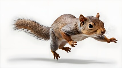 Obraz premium A transparent PNG of a grey-brown squirrel leaping on a white background