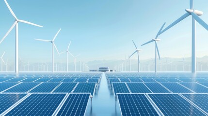 A serene view of wind turbines and solar panels harmonizing for sustainable energy production under a clear blue sky.