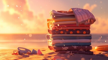 A pile of colorful beach towels stacked on the sand, with a beautiful sunset in the background an atmosphere that evokes summer joy