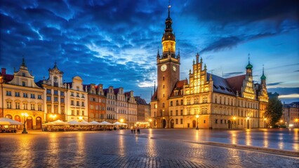 Fototapeta premium Market square and Town Hall lit up at night in Wroclaw, Poland, Market square, Town Hall, night, evening
