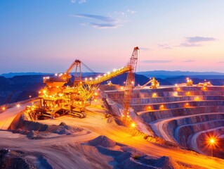 A stunning view of a mining site at sunset, showcasing machinery illuminating the rocky landscape in vibrant colors.