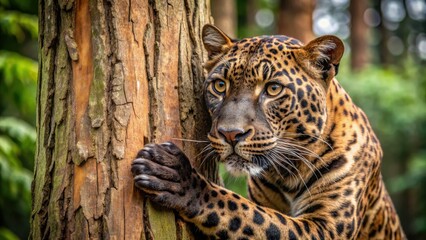 A panther with its claws leaving deep marks on a tree bark, panther, claws, tree bark, scratch marks, animal, wildlife