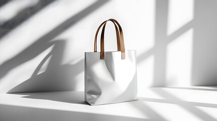 White tote bag mockup on a plain white background with soft natural shadows