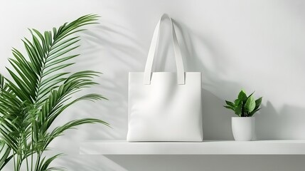 Minimalist white tote bag mockup placed on a clean white shelf with a simple plant