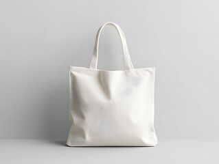 Minimalist white tote bag mockup on a plain grey background, emphasizing the simplicity