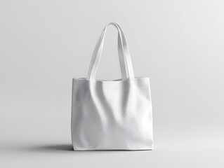 Minimalist white tote bag mockup on a plain grey background, emphasizing the simplicity