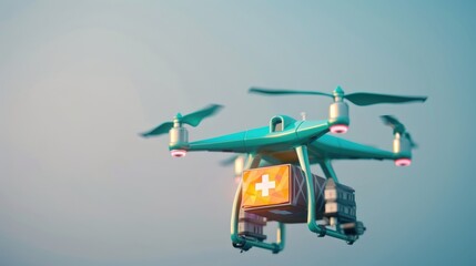 Medical delivery drone flying in the sky carrying emergency supplies. High-tech aerial device for efficient healthcare logistics.