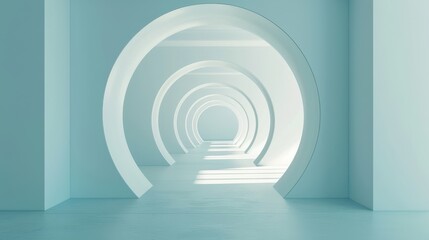 Obraz premium Modern architectural design featuring a series of circular arches creating an abstract, minimalistic interior space with soft light and shadows.