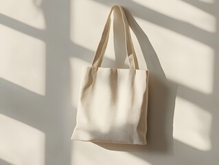 White tote bag mockup hung against a plain white wall, with subtle creases and soft lighting