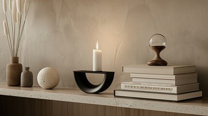 Minimalist Home Decor with Candle, Books, and Decorative Elements