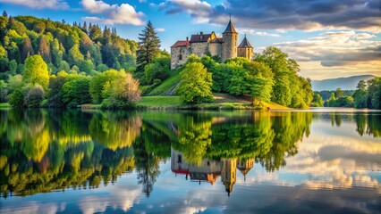 Fototapeta premium Castle reflecting on the calm lake surface with surrounding lush greenery, castle, lake, reflection, water, serene