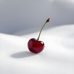 a singel ripe cherry with a stem on a white background