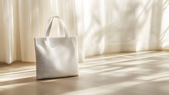 Minimalist white tote bag mockup displayed flat on a light wooden surface, with soft, diffused lighting