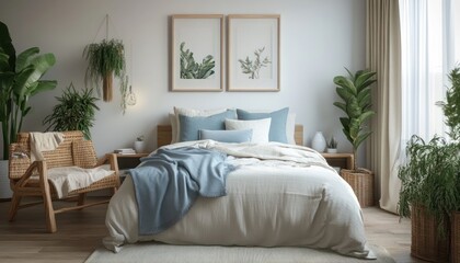 Naklejka premium A serene Scandinavian bedroom with white walls, gray furniture, and pastel accents 3. Generative AI