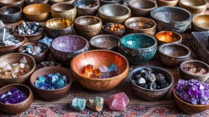 Fototapeta premium Healing crystals and sound bowls arranged in a pattern, Sound Healing, focusing on the holistic approach to wellness