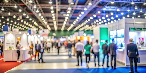 Blurred trade show with vendors and attendees, expo, booth, visitors, event, conference, trade, blurred, people