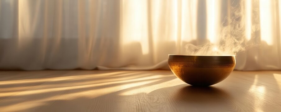 Healing energy emanating from a singing bowl in a minimalist setting, Sound Healing, focused and soothing atmosphere for wellness