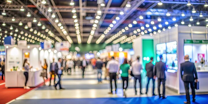 Blurred trade show with vendors and attendees, expo, booth, visitors, event, conference, trade, blurred, people