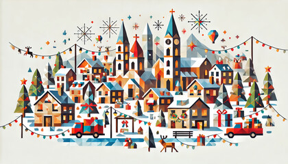 Polygon style illustration of a Christmas townscape with geometric shapes. The background is plain white.