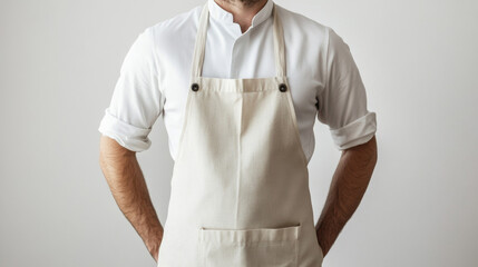 Close up of a beige apron on a white shirt, empty space for a design or print mockup template