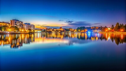 Fototapeta premium City lights reflected on a serene lake surface , urban, lights, reflection, water, calm, peaceful, serene, evening